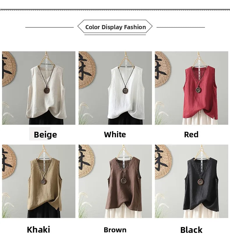 Slimming Pure Color Cotton Linen Lightweight Sleeveless round Neck Inner Wear Large Size Women's Fashionable Versatile Top