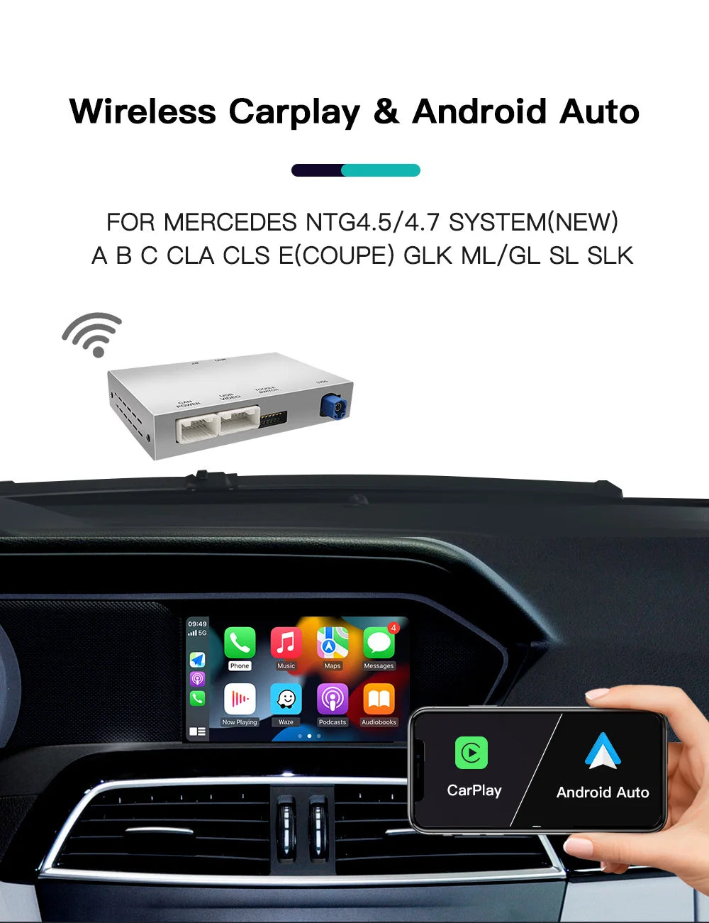 AUTOABC Wireless CarPlay Android Auto for Mercedes Benz A B C E Class GLA CLA GLK SLK CLS W204 W176 W246 X204 C117 NTG4.5/4.7