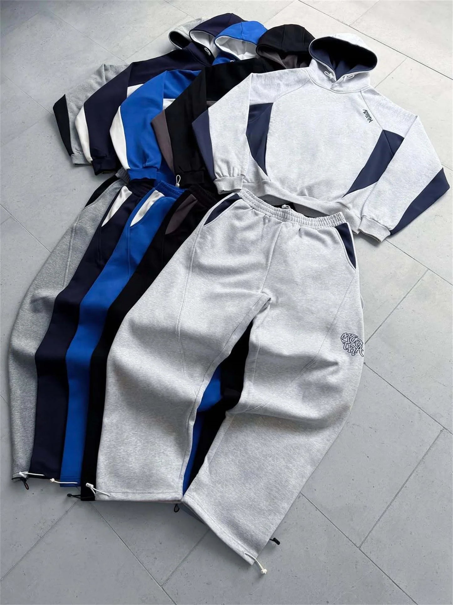 New European and American Ins color blocked embroidered personalized hoodie y2k fashionable casual sports style pants set