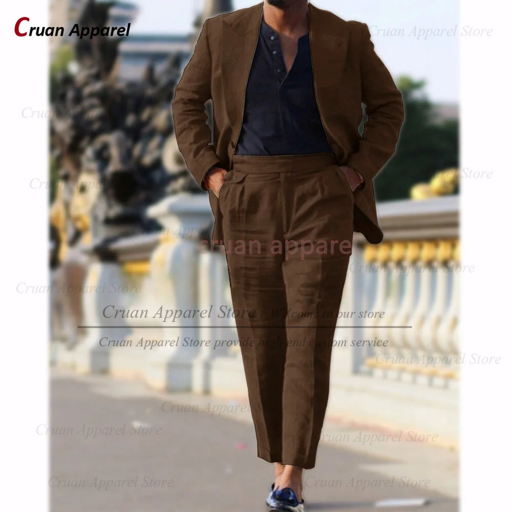Classic Summer Linen Suit Sets For Men Smart Casual Blazer And Pants 2 Pieces Formal Evening  Fashion Slim Fit Suit Attire