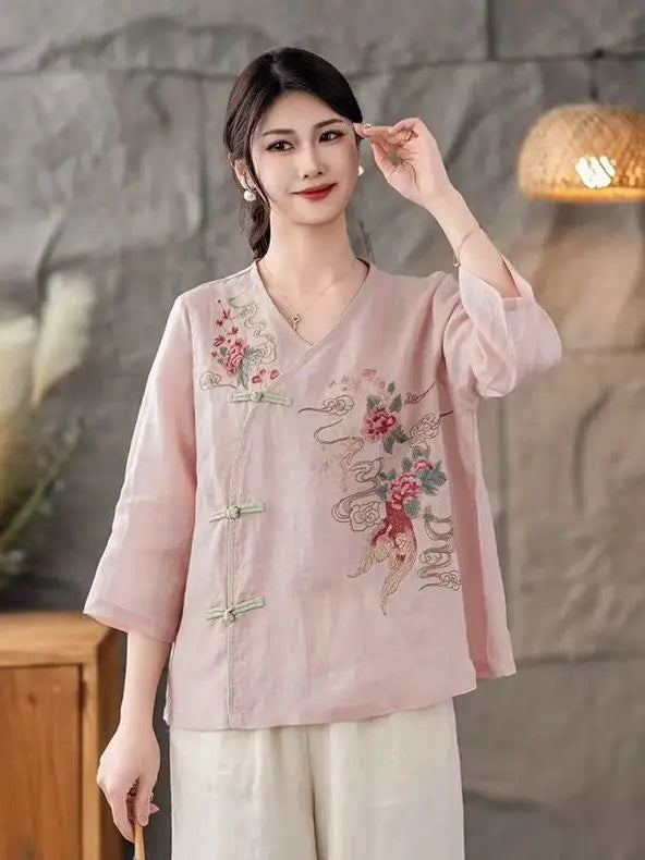 New 2025 Women's Linen Shirt V-Neck Side Button Chinese Style Loose Top National Style Floral Embroidery Thin Summer Fashion