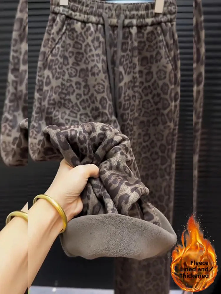 High Waist Thickened Fleece Lined Leopard Print Casual Pants Women Straight Leg Wide Leg Pants Trendy plus Size Korean Style