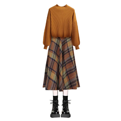 Autumn Winter Women's Knitted Sweater And Slimming Skirt Two-Piece Set Vintage Style Long Sleeve Casual Wear Polyester Fiber