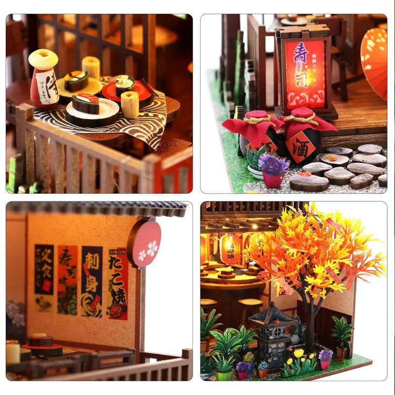 Japanese Izakaya Sushi Restaurant DIY Miniature Dollhouse Kit with LED Light 3D Wooden Puzzle Full Furniture Creative Gift