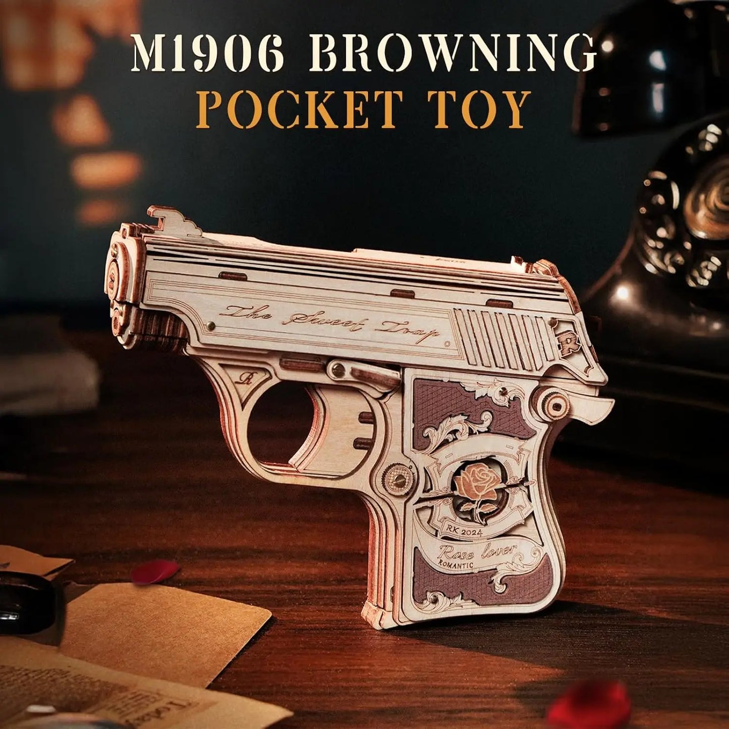 ROKR Mini Pistol 3D Wooden Model Toy, Mechanical Assembly Model, Rubber Band Launch Function, Suitable for Beginners