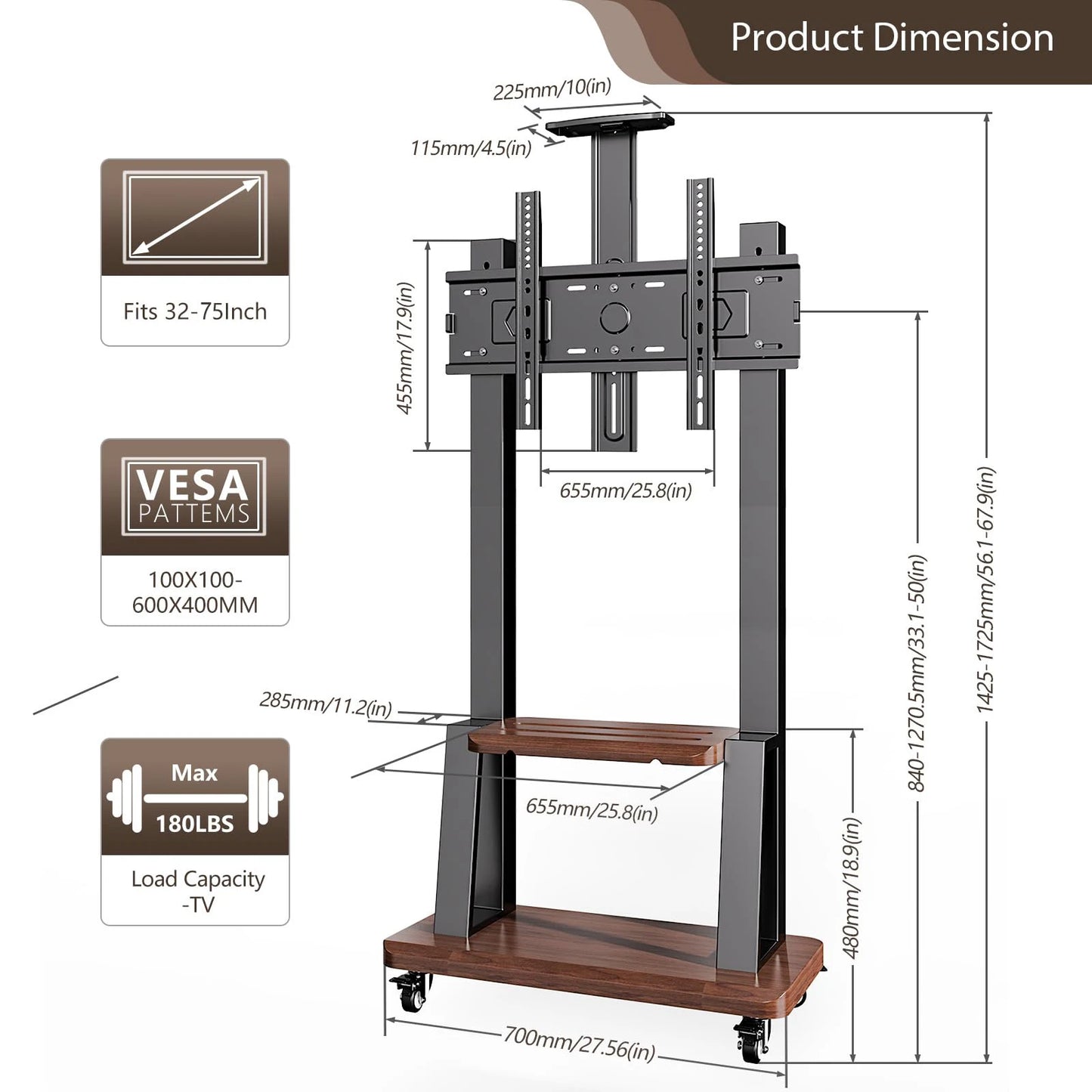 Movable Rolling Floor TV Stand with Shelf Locking Wheel, Mobile TV Cart for 32"-75"  Screens, Height Adjustable VESA 600x400mm
