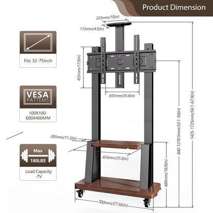Movable Rolling Floor TV Stand with Shelf Locking Wheel, Mobile TV Cart for 32"-75"  Screens, Height Adjustable VESA 600x400mm