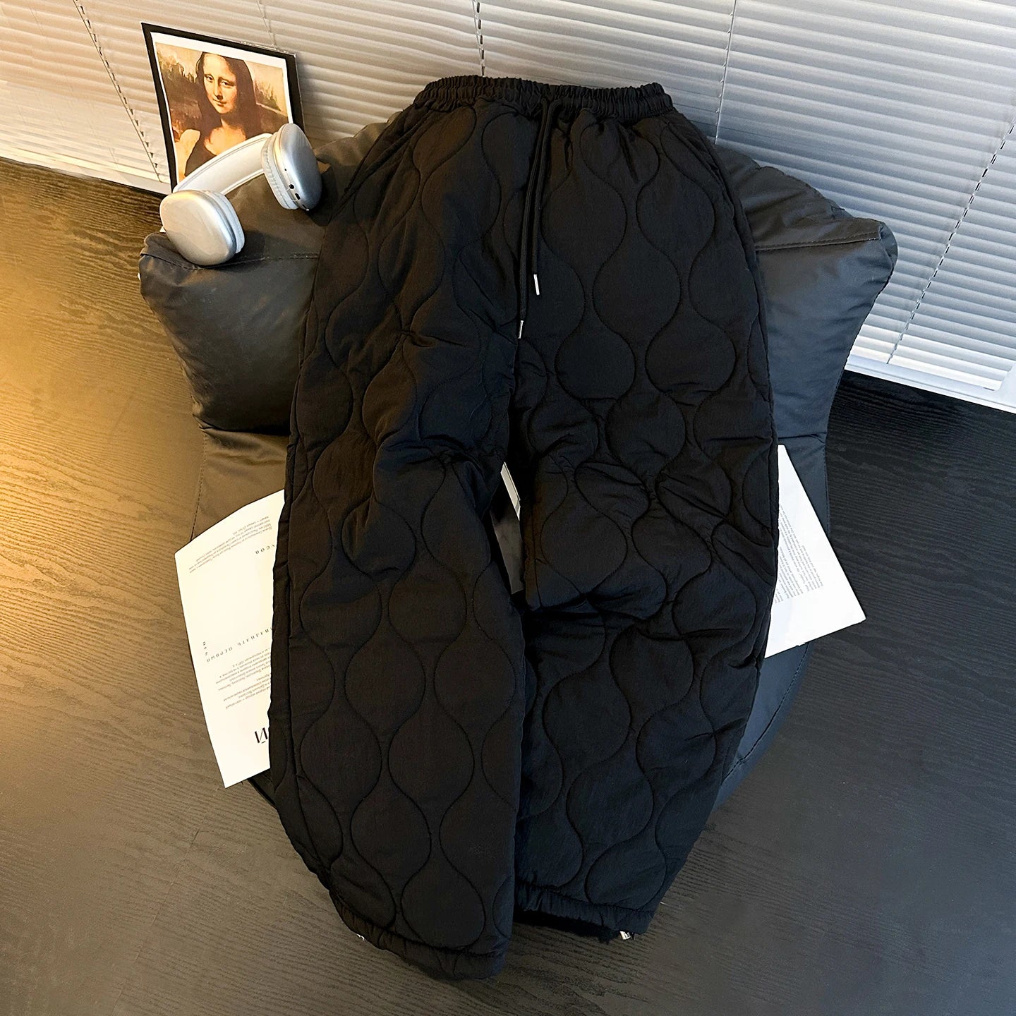 Men's Winter Cotton Trousers Warmth Insulation Straight Leg Drawstring Ankle Length Pure Color Gourd Pattern Outdoor Wear