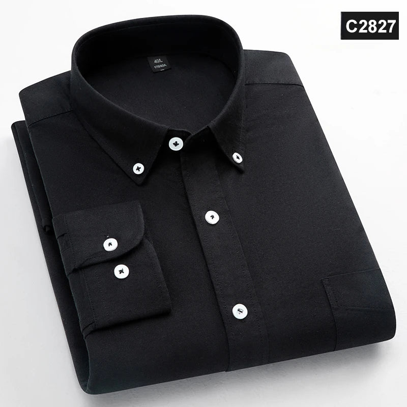 Classic Fit Fashion 100% Cotton Long-Sleeve Shirt for Men Single Pocket Slim Fit Casual Top Soft Oxford Solid Color Office Cloth