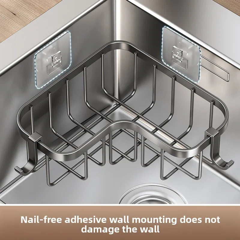 Kitchen Carbon Steel Sink Drain Rack No-Punching Wall Mounted Corner Dishcloth Storage Rack Waterproof Space Saving