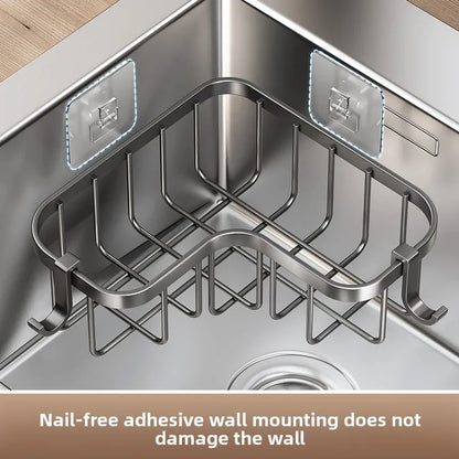 Kitchen Carbon Steel Sink Drain Rack No-Punching Wall Mounted Corner Dishcloth Storage Rack Waterproof Space Saving