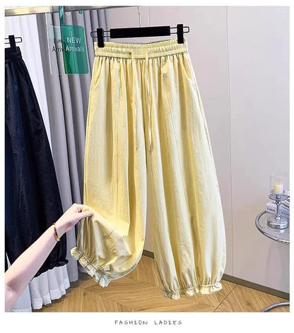 Casual Ice Silk Quick Dry Nine-Piece Flower Bud Pants Women Summer Thin Loose High Waist Draping Lantern Pants