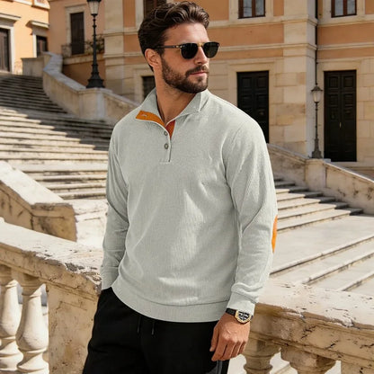 Men‘s Corduroy Button Up Pullover Stand Collar Contrast Elbow Patch Casual Top 2026