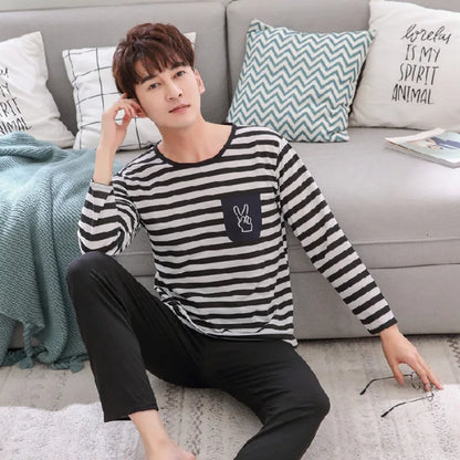 Spring and Autumn Long-Sleeved Long Pants Men's Pajamas Homewear Loose Casual Striped Nightwear Large Size Sleepwear Loungewear
