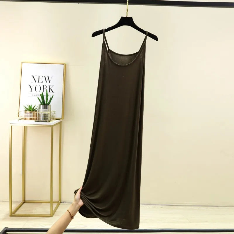 Summer round Neck Modal Dress Thin Long A-Line Dress Vest Strap Dress Loose Base Dress Inner Wear Casual Style No Sleeve Dress