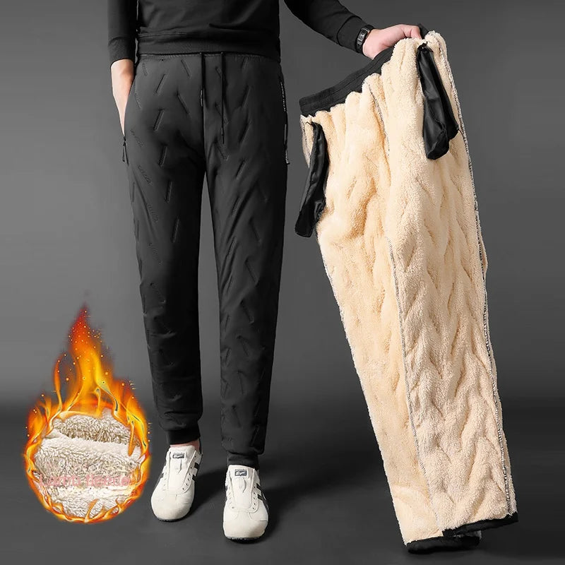 Winter Zip Pockets Thicken Fleece Sweatpants Men Jogger Black Down Sport Warm Pants Male Water Proof Thermal Trousers