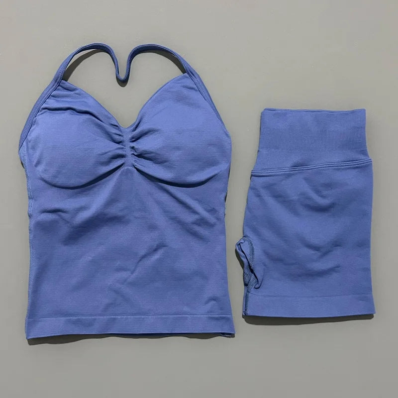 HISTELLO 2 Pieces Sports Set Women Yoga Longline Strap Top Scrunch Seamless Shorts Sport Gym Set Sportswear Workout Fitness Set