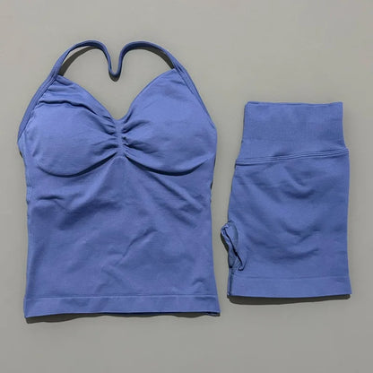 HISTELLO 2 Pieces Sports Set Women Yoga Longline Strap Top Scrunch Seamless Shorts Sport Gym Set Sportswear Workout Fitness Set