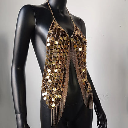 AKYZO Sequined Crop Tops for Women Metal Chain Tassel Nightclub Dance Wear Party Burning Outfits Plastic Tank Top Sexy Festival
