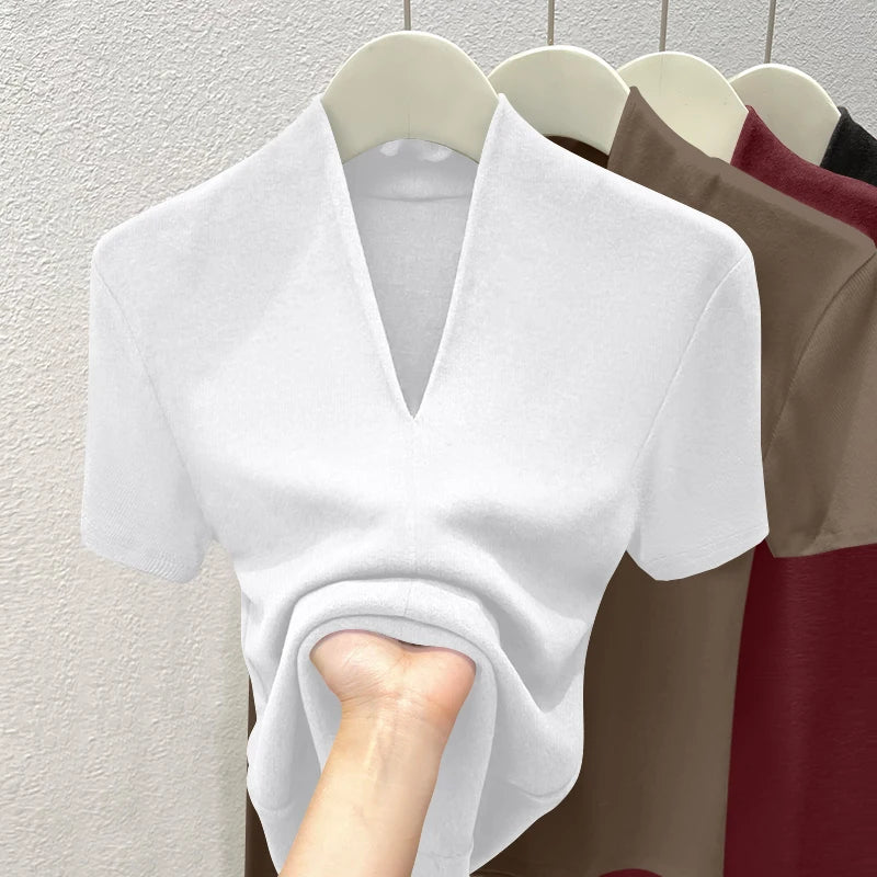 Premium Quality Short Sleeve V-Neck T-Shirt Women's Fashion Shoulder Design Versatile Base Shirt Summer Wear Comfortable Fit