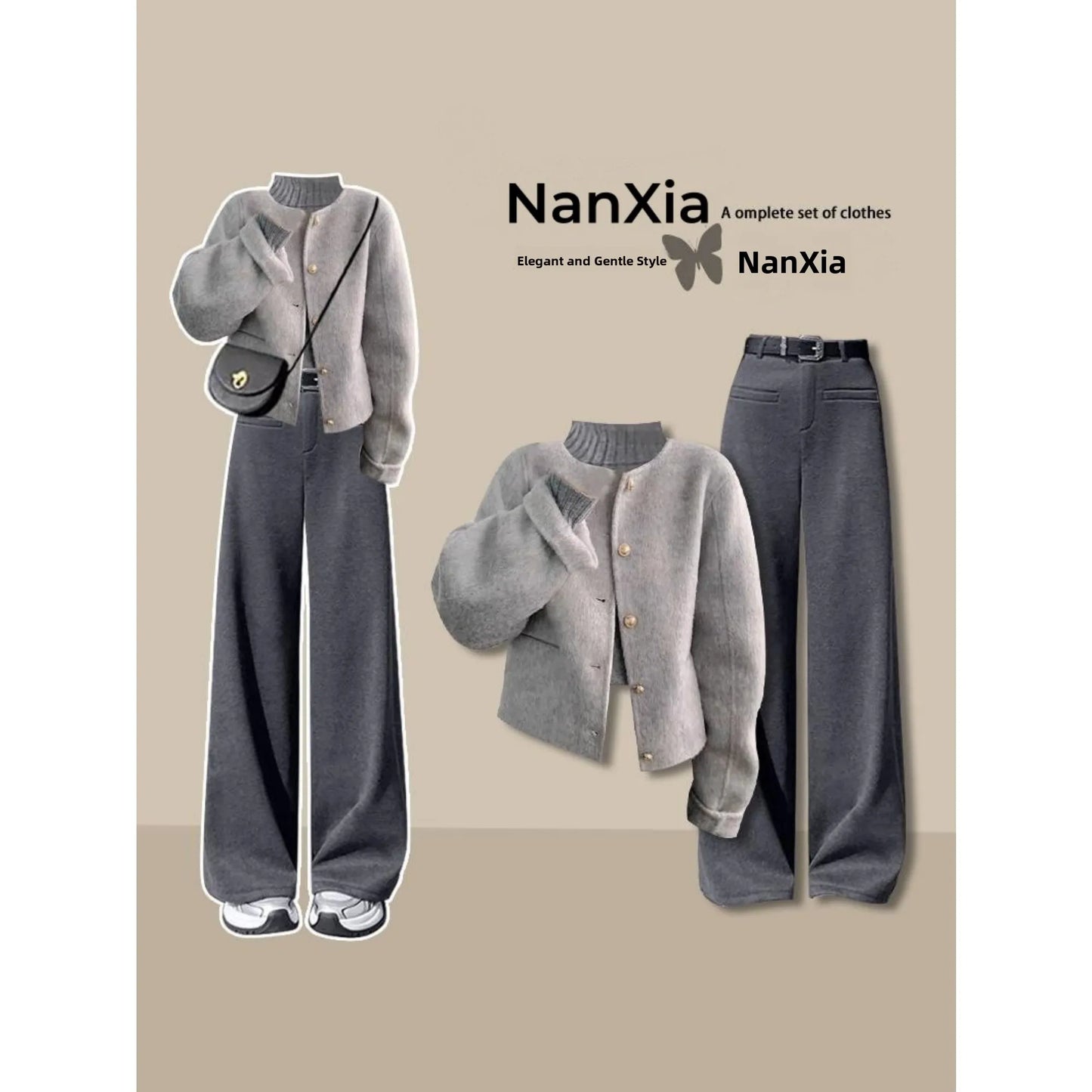 Winter Thickened Woolen Coat High Collar Knitted Sweater Straight Leg Pants Three Piece Set Women's Elegant Fashion Ensemble