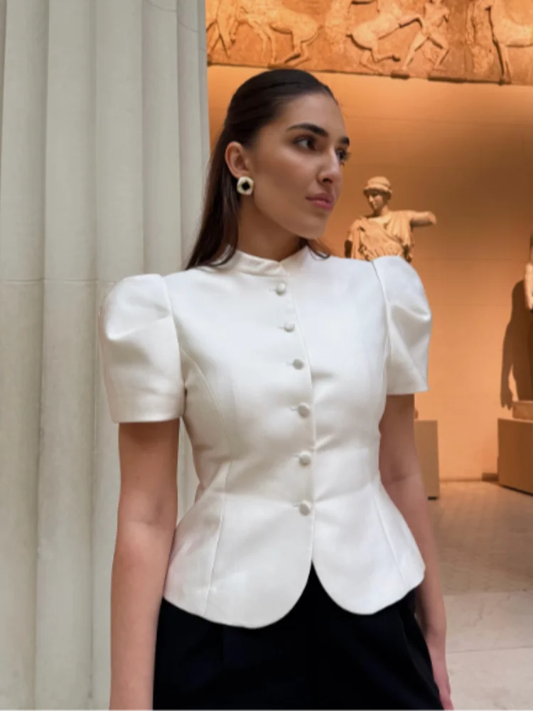 Women's Elegant Puff Sleeve Blouse Stand Collar Single-breasted Fitted Peplum Top Female Office Formal Occasions Cozy Clothes