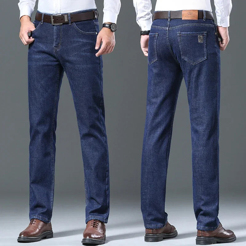 Winter Men's Fleece Jeans Classic Straight Casual Sherpa Thermal Trousers Thickened Warm Stretch Wool Velvet Denim Pants