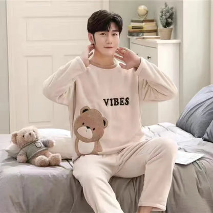 Cartoon Green Dinosaur Design Pajamas for Men Korean Kawaii Cute Letter Print Men's Pajamas 2024 Autumn Winter Warm Sleepwear