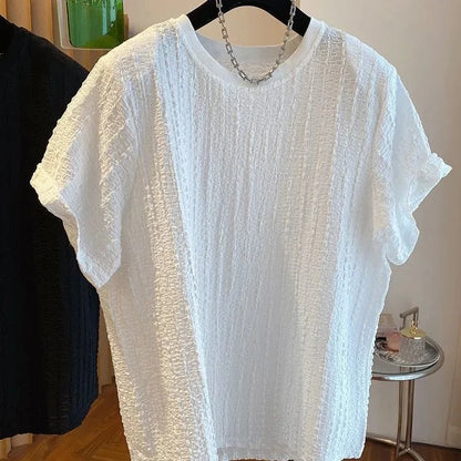 Short Sleeve T-Shirt Textured Summer Trendy High End Casual Handsome round Neck Half Loose Top Thin Cotton Women's Tee