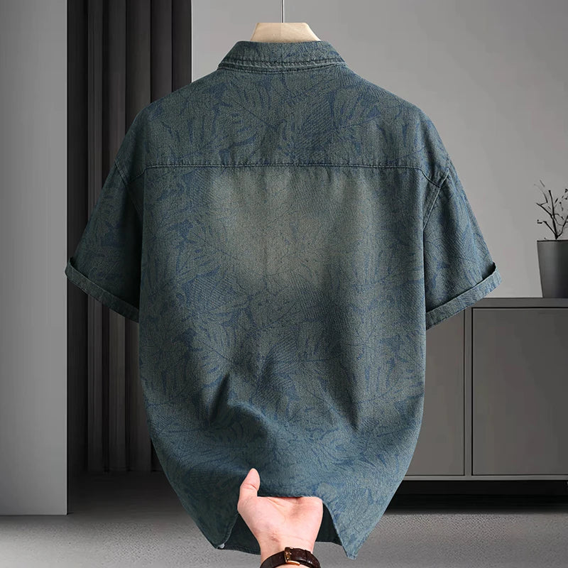 Summer new style tie-dye plain-patterned fashionable and stylish casual loose short-sleeved denim shirt for men