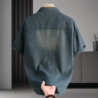 Summer new style tie-dye plain-patterned fashionable and stylish casual loose short-sleeved denim shirt for men