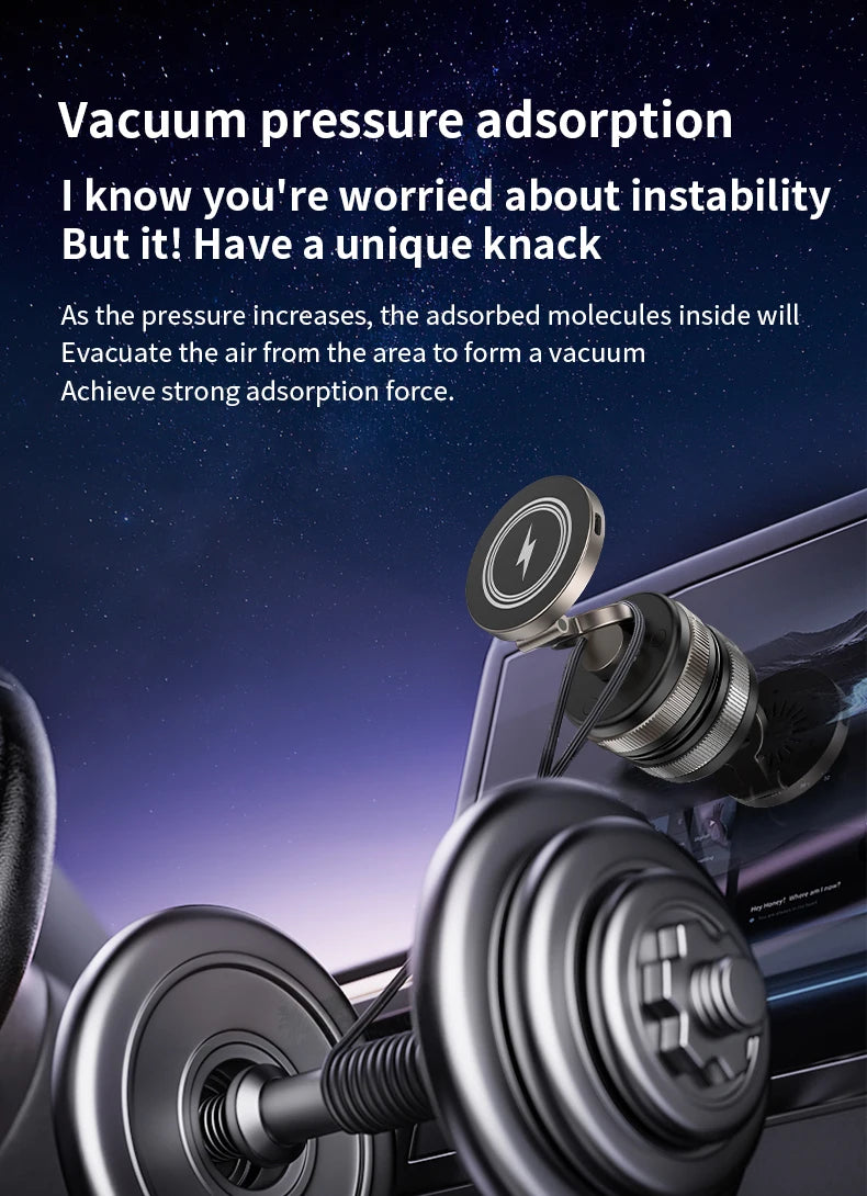 Folding 15W wireless charging car phone holder vacuum suction 360 ° rotating magnetic support bracket