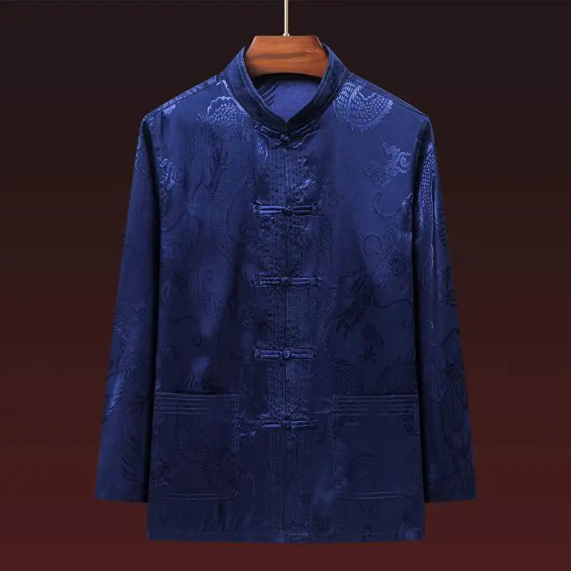 Men's Long Sleeve Ice Silk Tai Chi Suit Traditional Chinese Hanfu Vintage Style Tang Costume Elderly Fashion Dad's Clothing