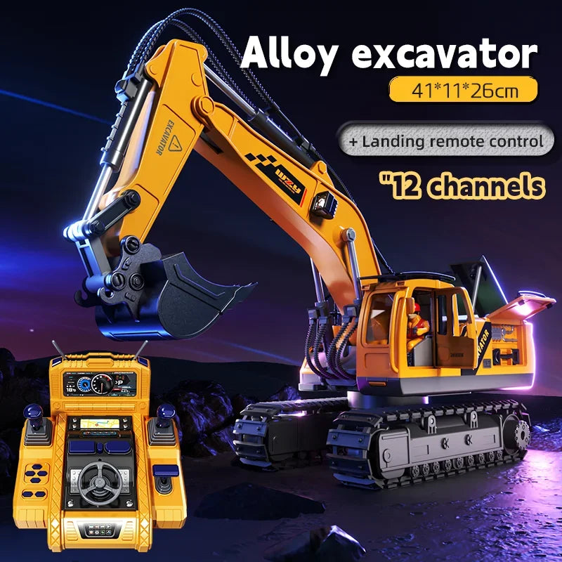 RC Car 12/13/15Ch Excavator Alloy Children's Engineering Vehicle Toy Floor Steering Wheel Remote Controlled Cars Toys for Boys