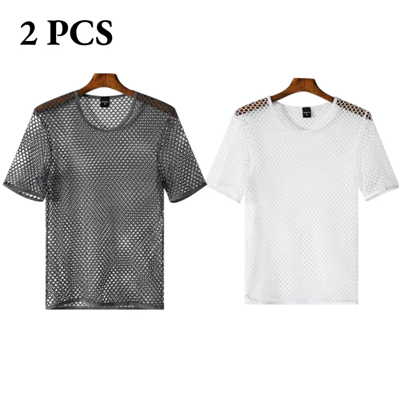 Men's Fishnet Mesh T-Shirt See Through O-neck Short Sleeve Hollow Out Tops Breathable Streetwear Nightclub Party Sheer T Shirts
