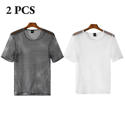 Men's Fishnet Mesh T-Shirt See Through O-neck Short Sleeve Hollow Out Tops Breathable Streetwear Nightclub Party Sheer T Shirts