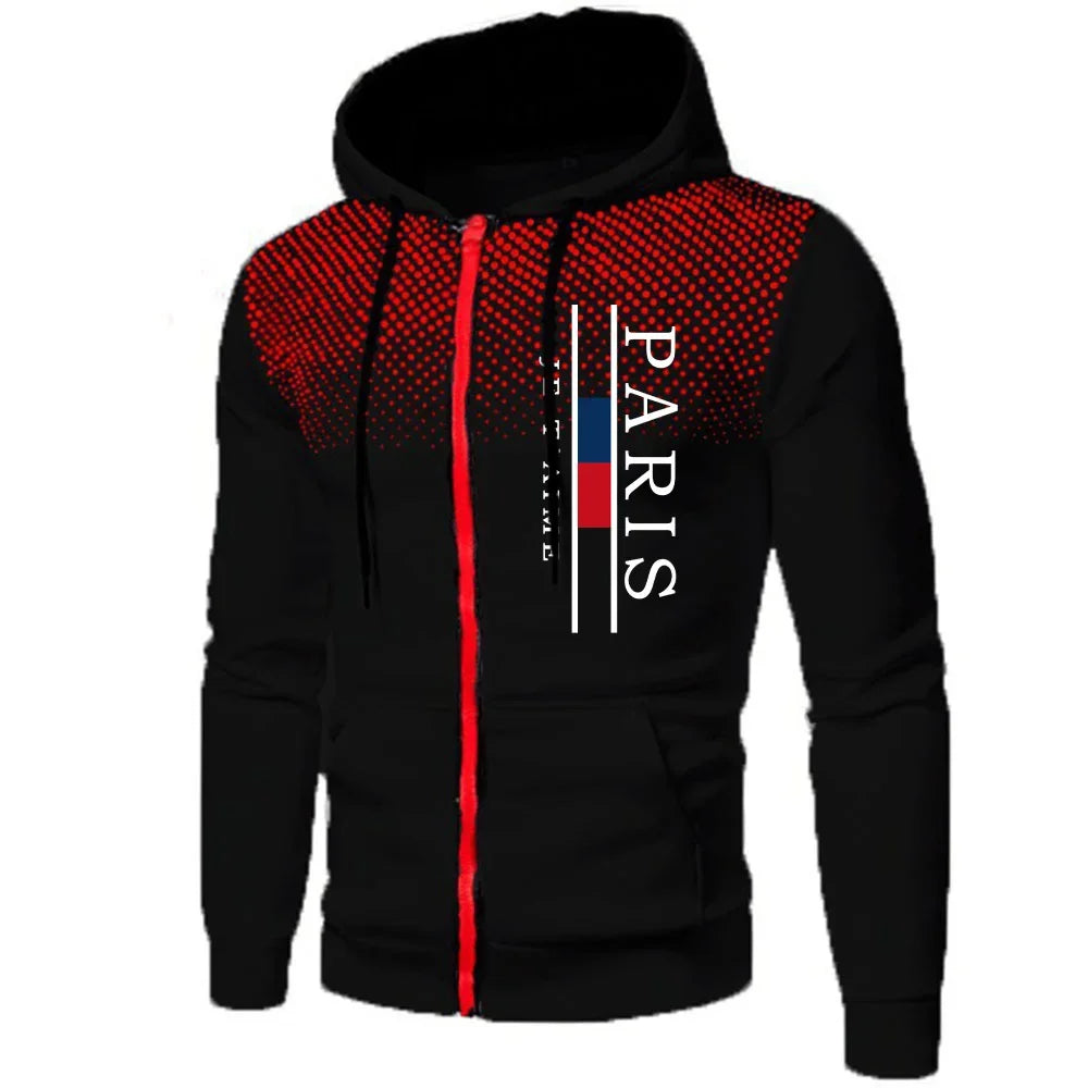 Paris Printing Mens Jackets Casual Zipper Hooded Coat Outdoors Sports Jogging Mens Clothing Autumn Winter Round Dot Sweatshirts