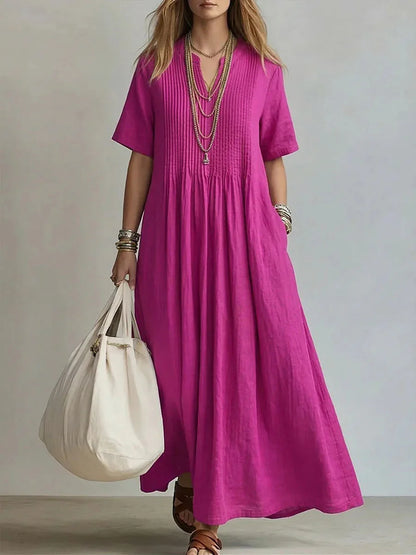 Casual Solid Color Linen Cotton Maxi Dress For Women Short Sleeve Loose Fit Long Dresses Relaxed Comfortable Summer Daily Wear