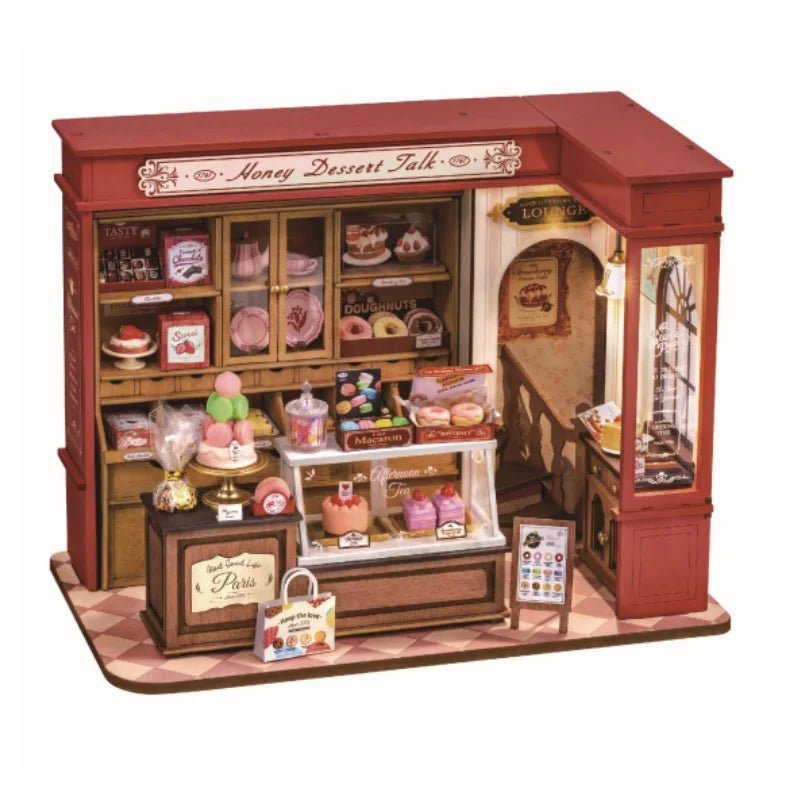 Rolife DIY Miniature House Kit and Furniture Dessert Shop Wooden Dollhouse Model Building Kit Gift for Children Adults