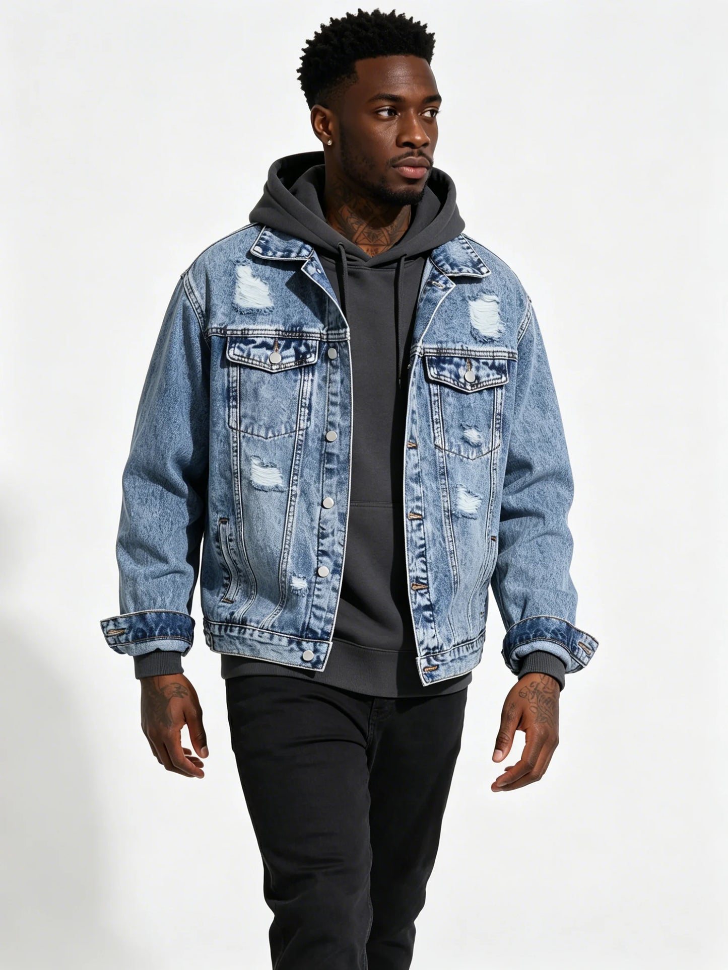 Modern Street‑Style Denim Jacket For Men Breathable Daily Outerwear No Added Decor Not Hooded Sweatshirt