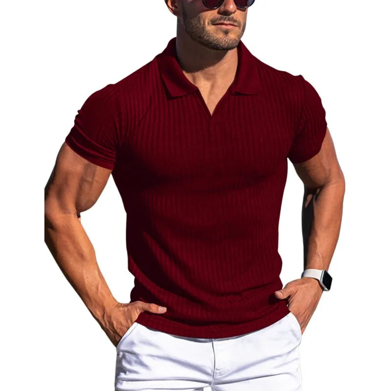Men's Ribbed V-Neck Polo Shirt Summer Breathe Slim Fit Short Sleeve T-Shirt Men Casual Business Fashion T-Shirt
