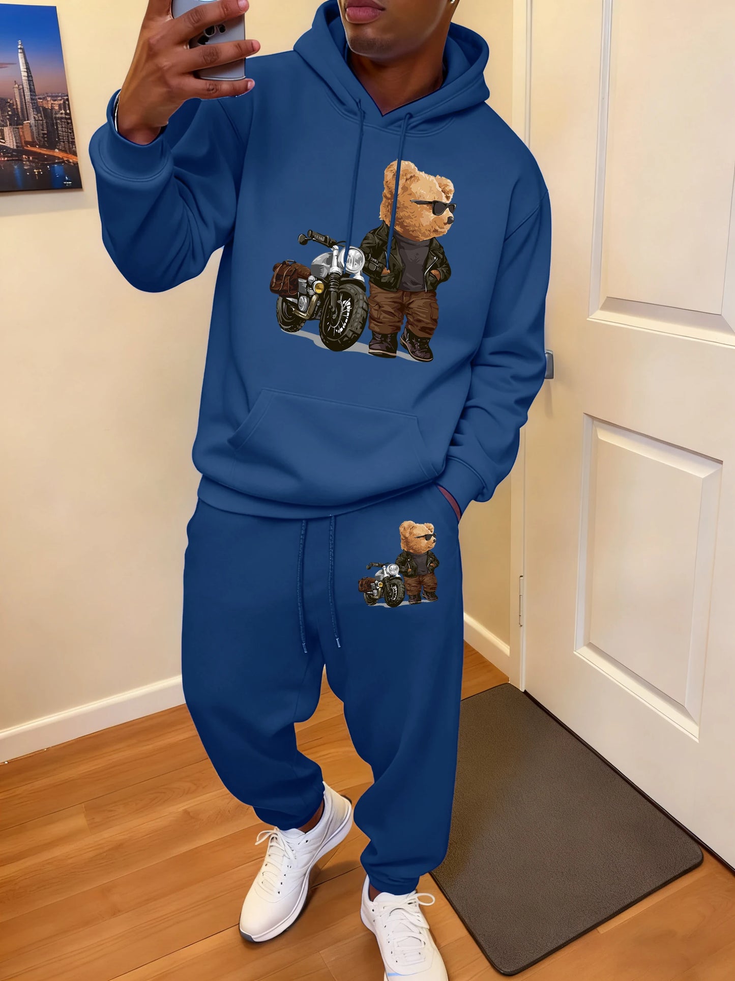 Ride Motorcycle Jacket Cool Bear Print Men Hoody Suit Fashion Autumn Sweatshirts All-Match Casual Sweatpant Comfy Jogging Pants