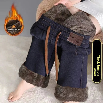 Women's Fleece Lined Wide Leg Pants High Waist Elastic Casual Mom Straight Leg Jeans Style Autumn Winter Fashion Loose Fit