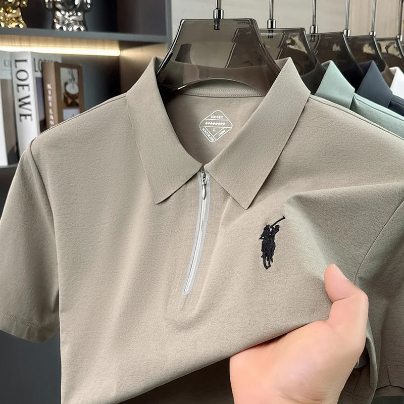 Summer New Ice Silk Cool Short Sleeved Polo Shirt, Skin Friendly, Breathable, Lapel Zipper, Business Casual T-shirt for Men