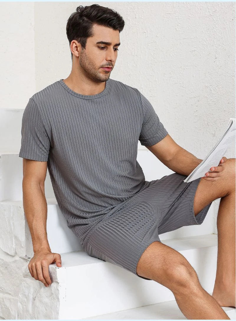 Men's Trendy Pajama Set Solid Short Sleeve And Shorts Breathable Lightweight Fabric Ideal For Casual Attire And Sports Wear Pjs