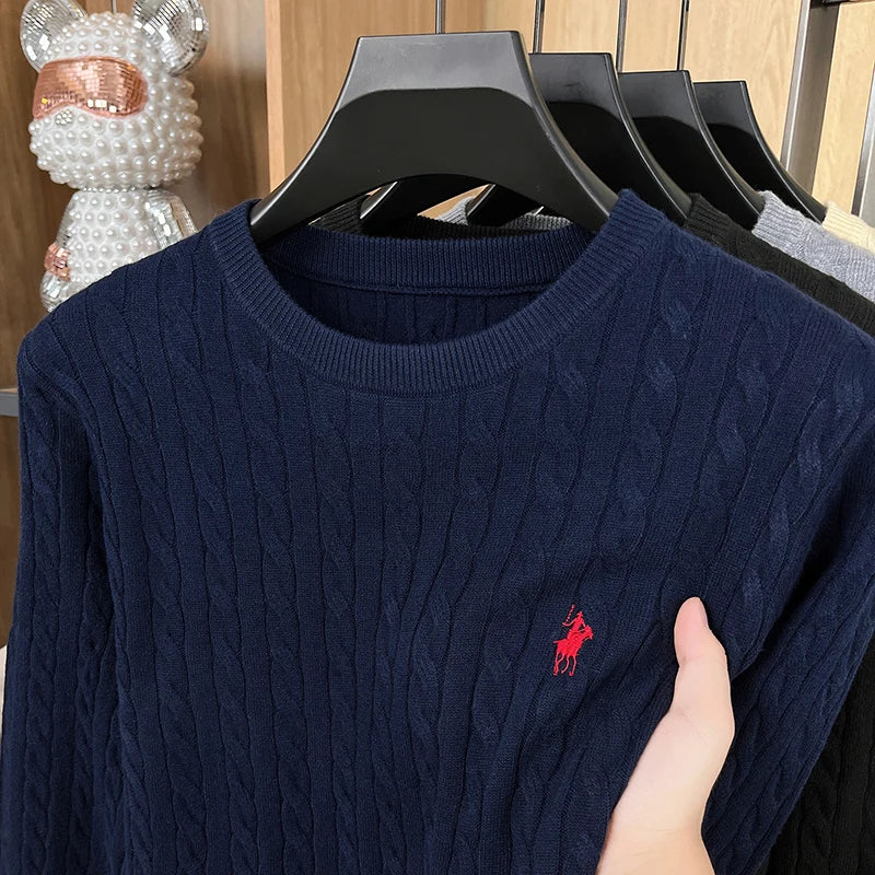2025 Best-selling Xiaoma Logo Sweater Men's New Round Neck Autumn and Winter Men's Texture Striped Casual Knitted Top Sweater