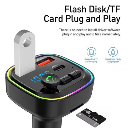 Car Bluetooth FM Transmitter Audio Adapter With RGB Ring Light Dual USB QC3.0 And Type-C Fast Charger Hands-Free MP3 Player