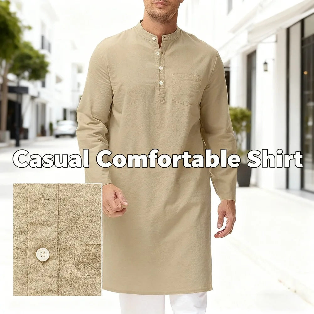 Mens Cotton Ethnic Long Sleeve Robe Side Slit Button Up Henley Shirt Traditional Outfit