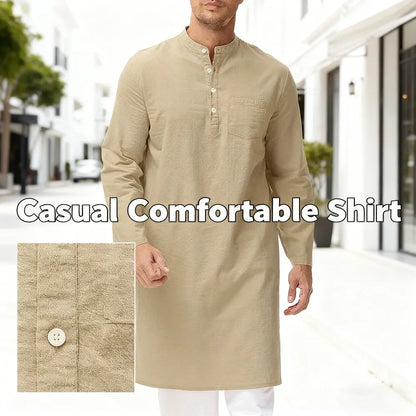 Mens Cotton Ethnic Long Sleeve Robe Side Slit Button Up Henley Shirt Traditional Outfit