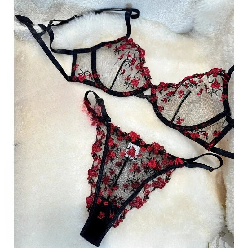 Sexy Floral Embroidery Mesh Bra Set Sweet Sheer Lace Lingerie Soft Comfort Breathable Underwear Suit Party Dating Daily Wear Bra